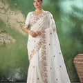 Off White Floral Embroidered Saree with Designer Border and Blouse