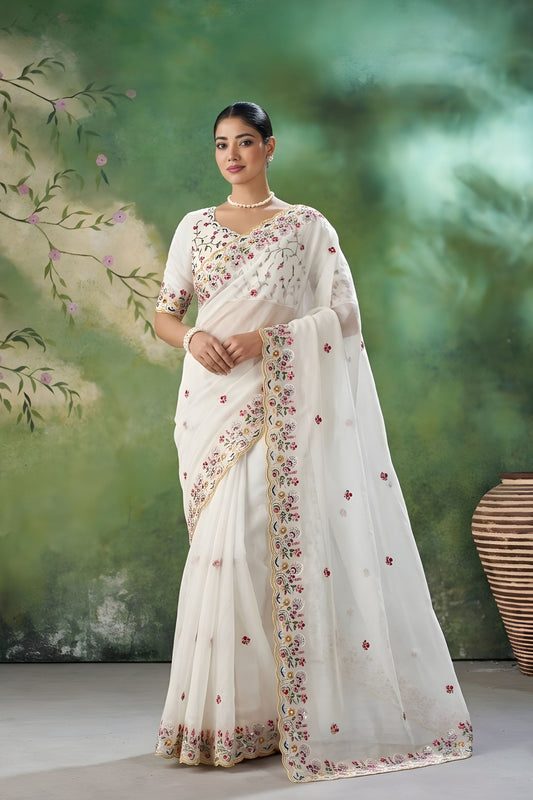 Off White Floral Embroidered Saree with Designer Border and Blouse