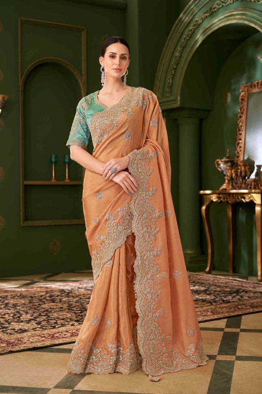 Peach Aqua Saree with Silver Traditional Festive Wear 