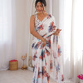 White Floral Digital Printed Linen Saree with Designer Lace Border