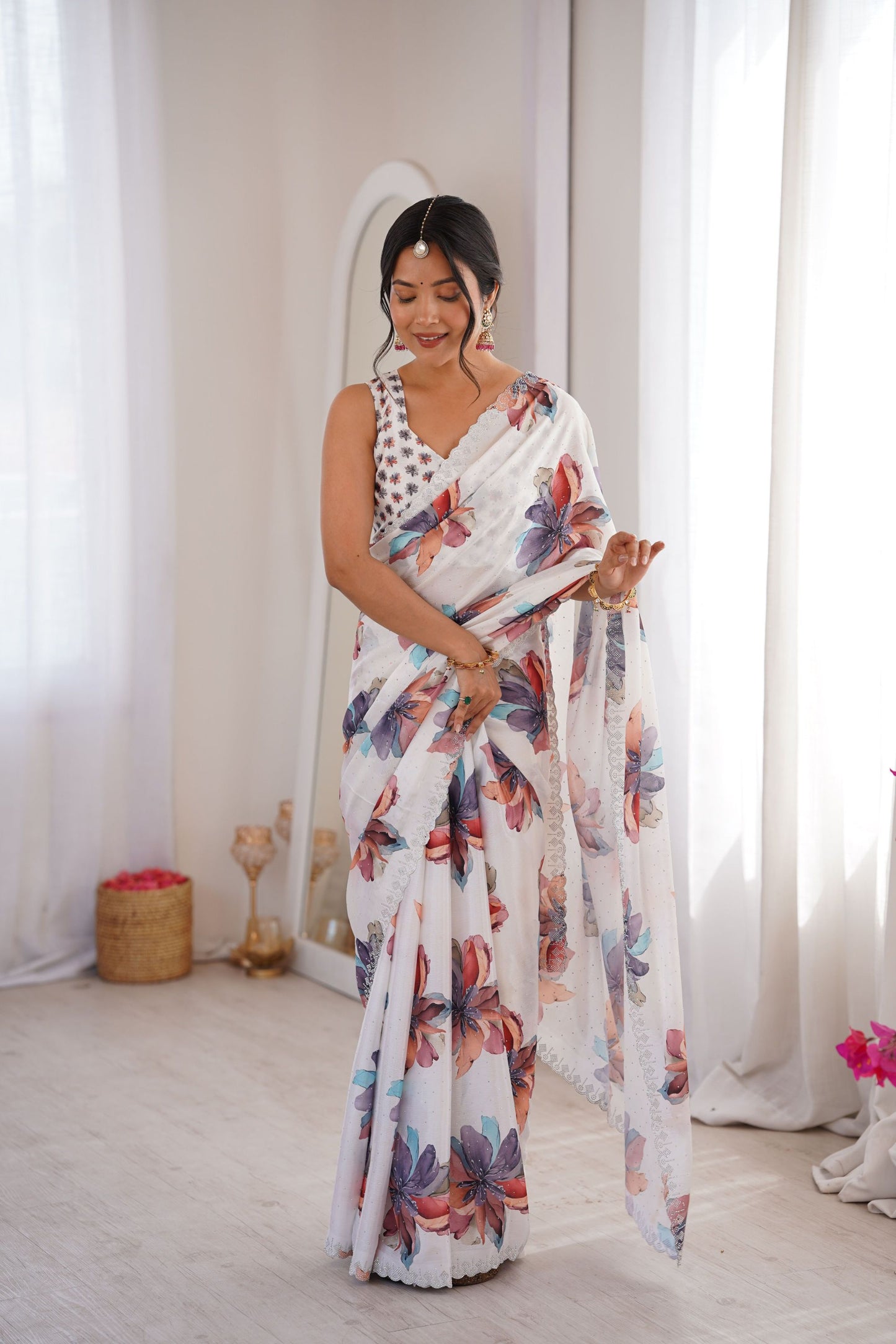 White Floral Digital Printed Linen Saree with Designer Lace Border