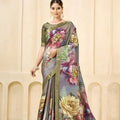 Elegant Grey Floral Printed Linen Cotton Saree