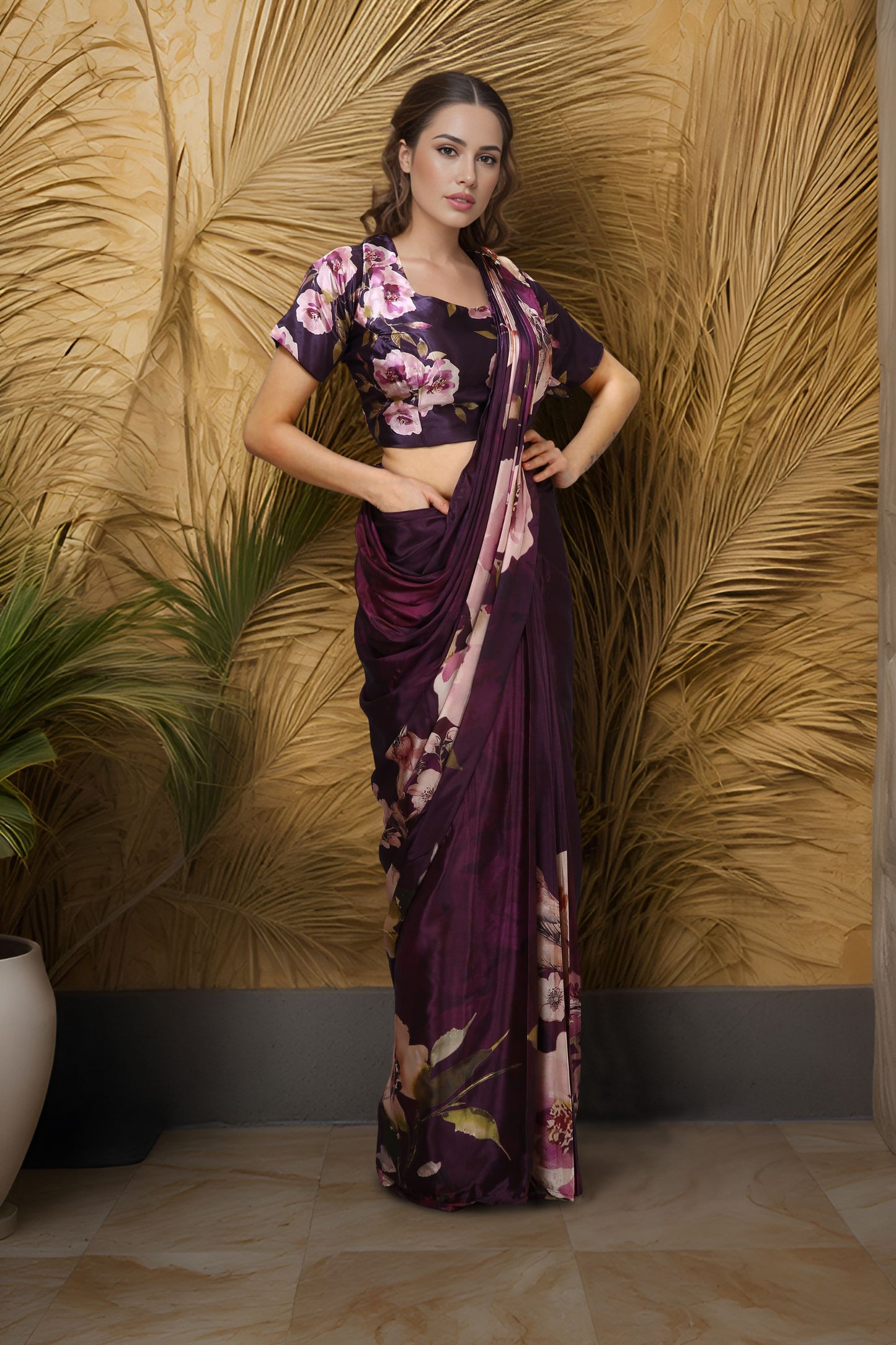 Purple Satin Floral Printed Saree with Matching Blouse Party Wear
