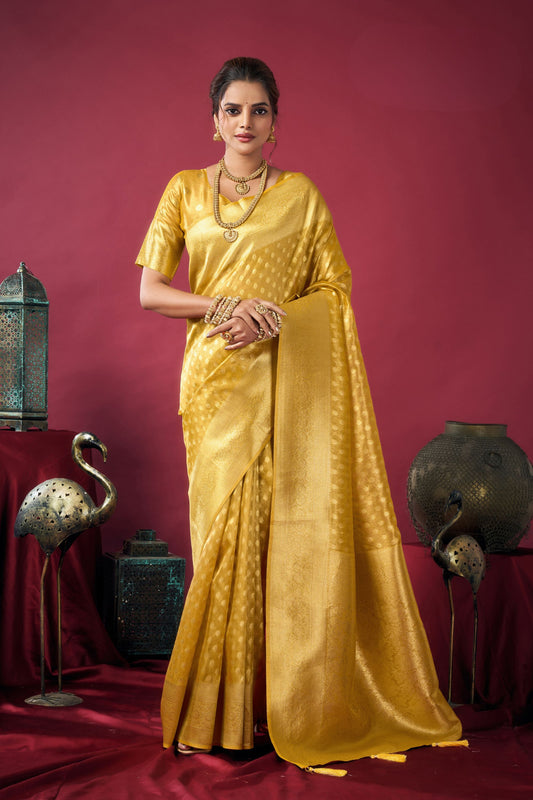 Mustard Yellow Banarasi Silk Saree Rich Golden Zari Weaving Blouse