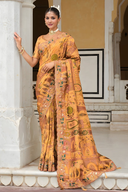 Designer Mustard Printed Silk Saree with Heavy Embroidered Border