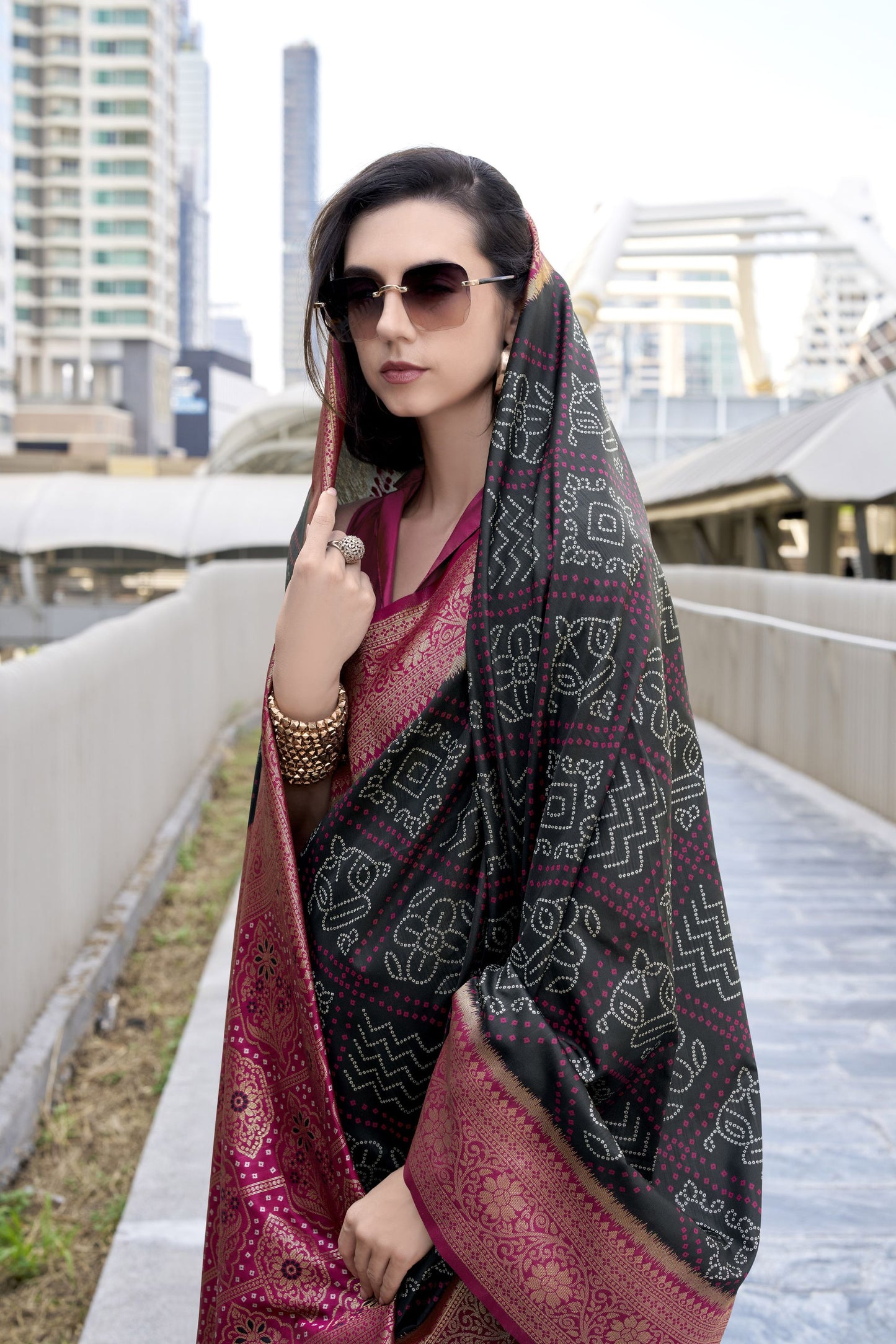 Black And Magenta Patola Print Banarasi Silk Saree with Zari Border