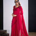 Rani Pink Organza Silk Saree Black Floral Embroidery Designer Saree
