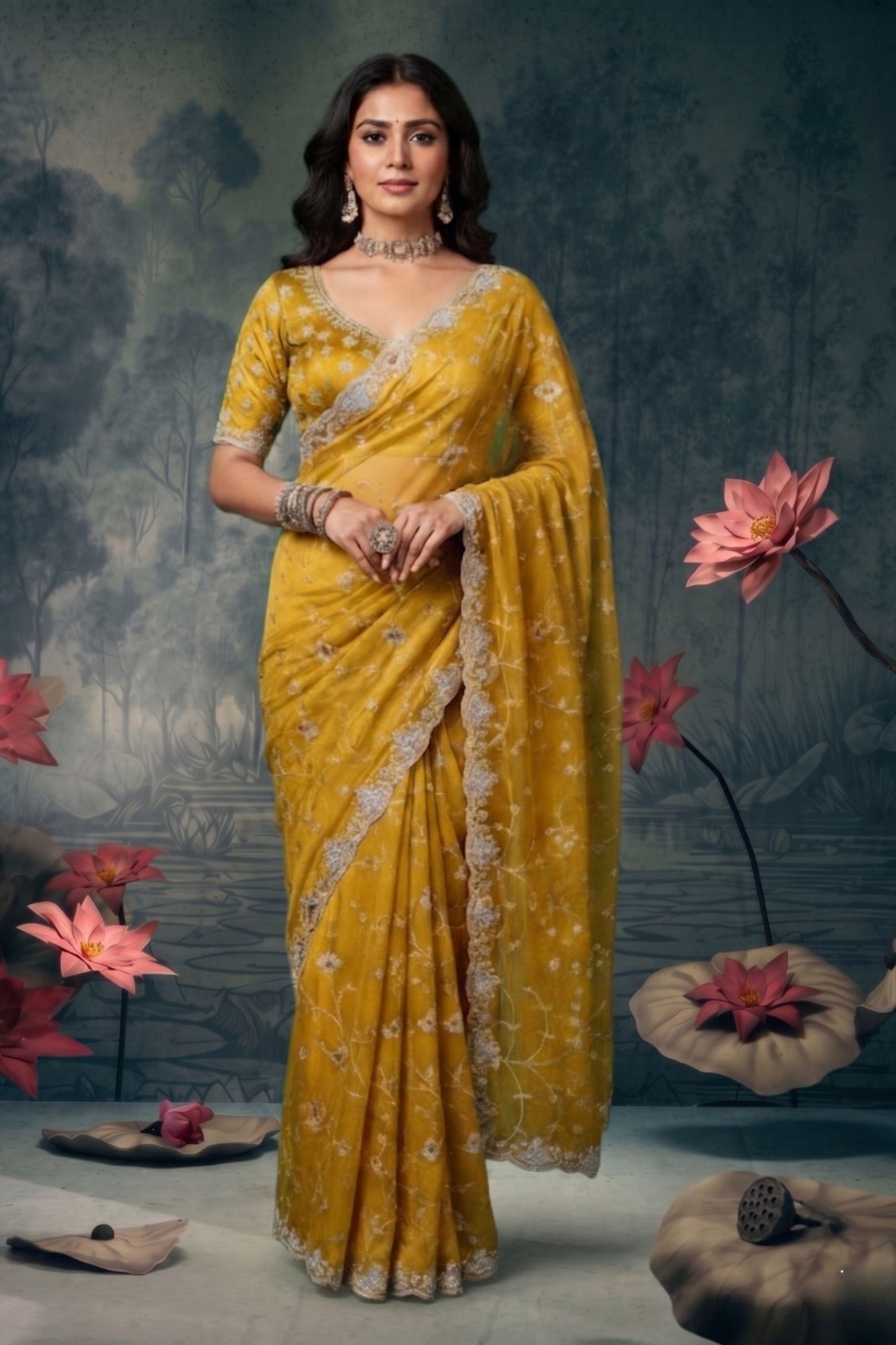 Mustard Yellow Designer Saree with Floral Embroidered Work