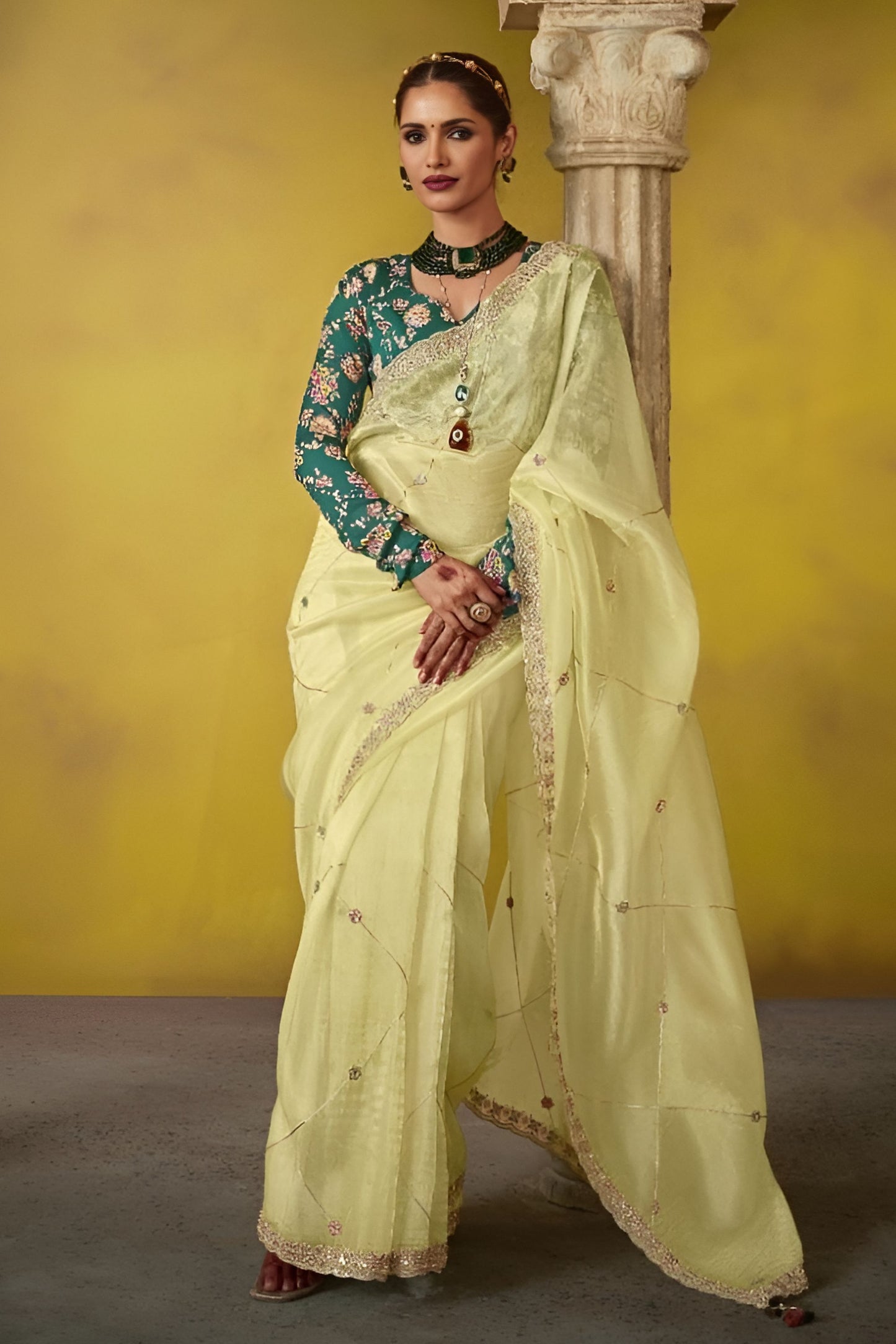Lemon Yellow Organza Saree Embellished Border Floral Designer Blouse