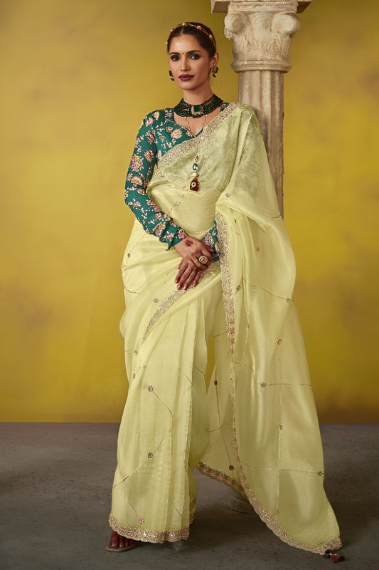 Lemon Yellow Organza Saree Embellished Border Floral Designer Blouse