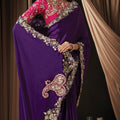 Purple Designer Embroidered Saree with Heavy Border Stylish Blouse
