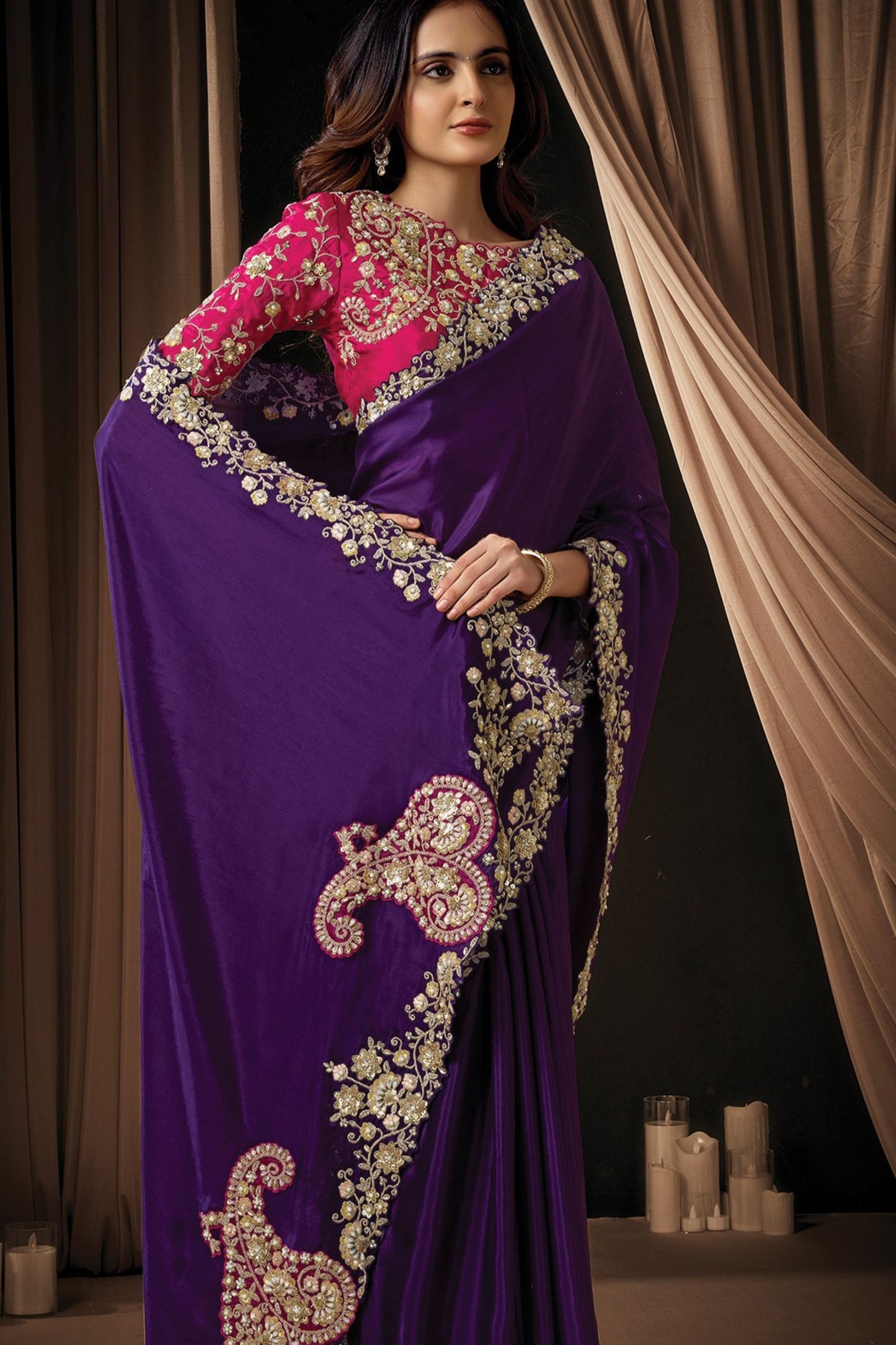 Purple Designer Embroidered Saree with Heavy Border Stylish Blouse