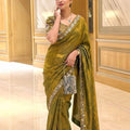 Olive Green Organza Silk Saree Sequins Embroidered Border Designer Blouse 