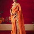 Orange Floral Embroidered Silk Saree with Contrast Maroon Blouse 