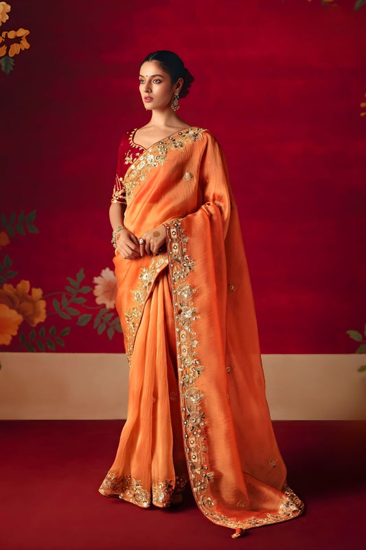 Orange Floral Embroidered Silk Saree with Contrast Maroon Blouse 