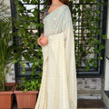 Off White Georgette Saree Golden Butti Designer Magenta Floral Embroidered Blouse