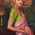 Pink Silk Saree with Heavy Border Contrast Green Designer Blouse