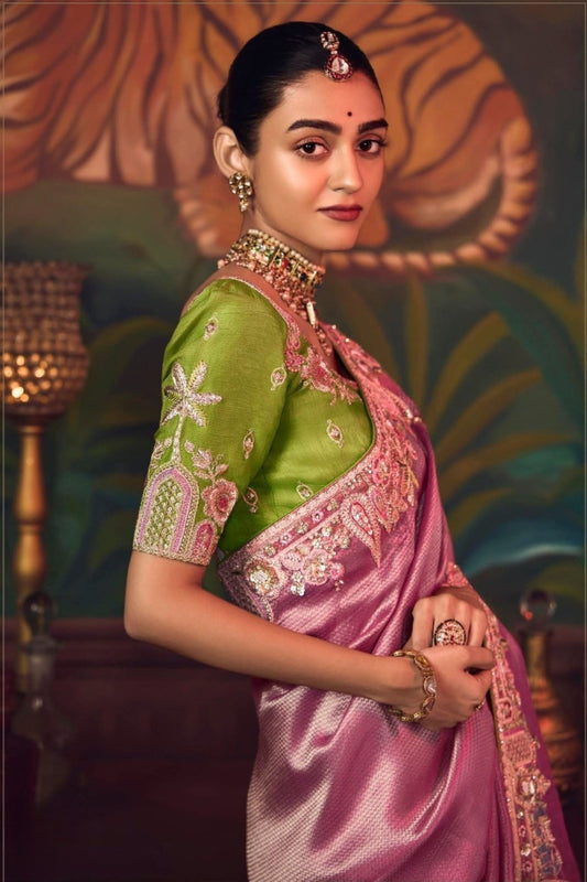 Pink Silk Saree with Heavy Border Contrast Green Designer Blouse
