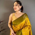 Mustard Yellow and Olive Green Banarasi Silk with Zari Weaving Saree