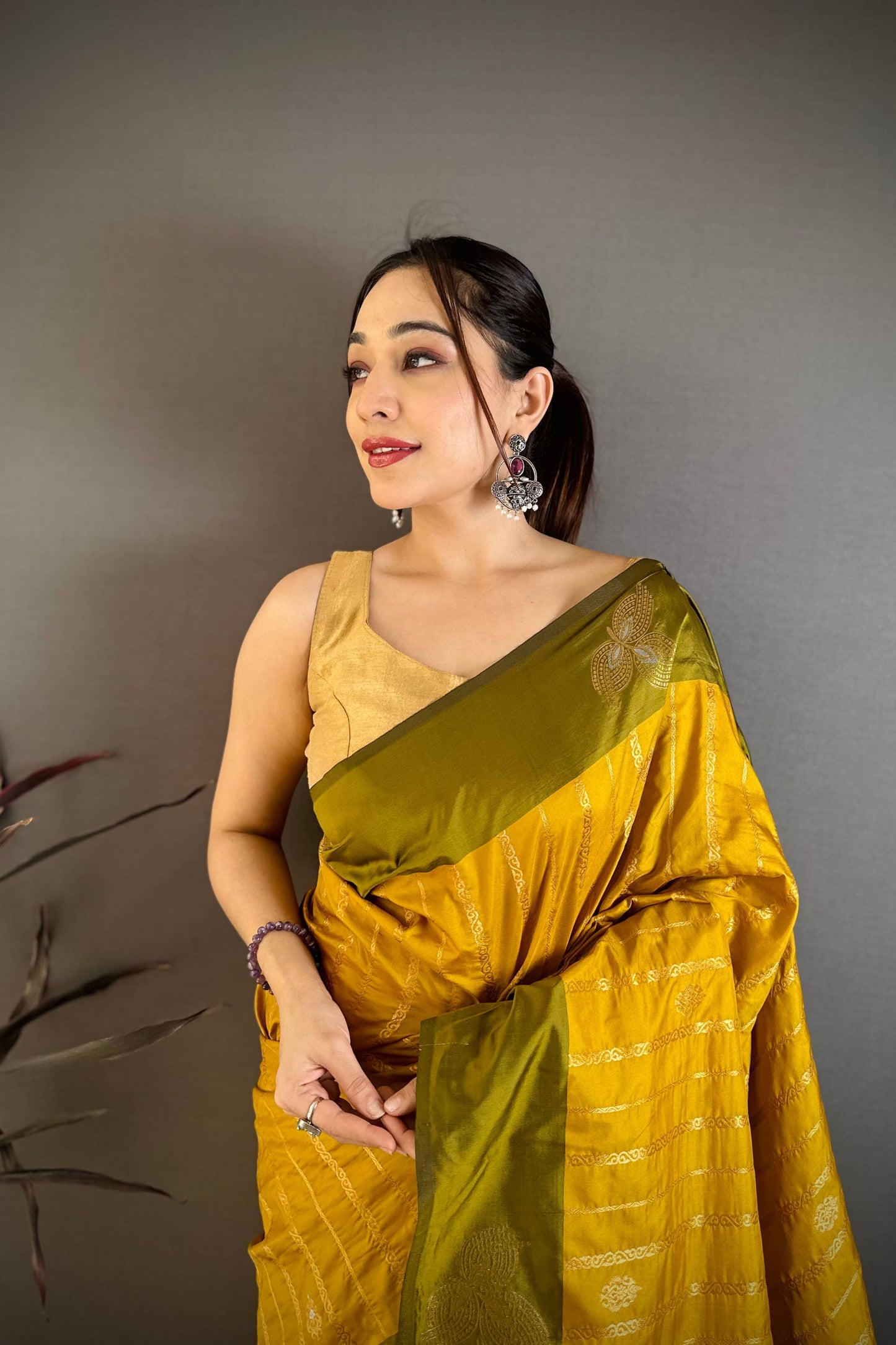 Mustard Yellow and Olive Green Banarasi Silk with Zari Weaving Saree