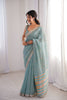 Elegant Sky Blue Linen Designer Saree with Mirror Work Border