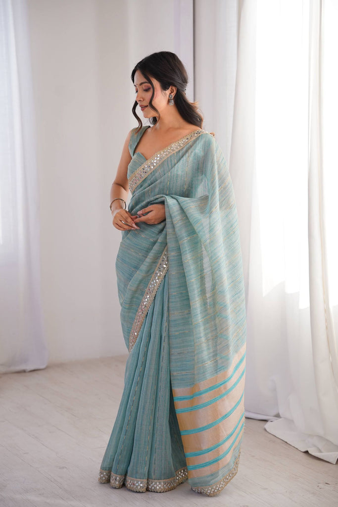 Elegant Sky Blue Linen Designer Saree with Mirror Work Border