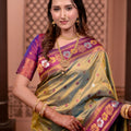 Olive Green Paithani Silk Saree with Contrast Magenta Zari Border