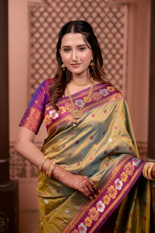 Olive Green Paithani Silk Saree with Contrast Magenta Zari Border