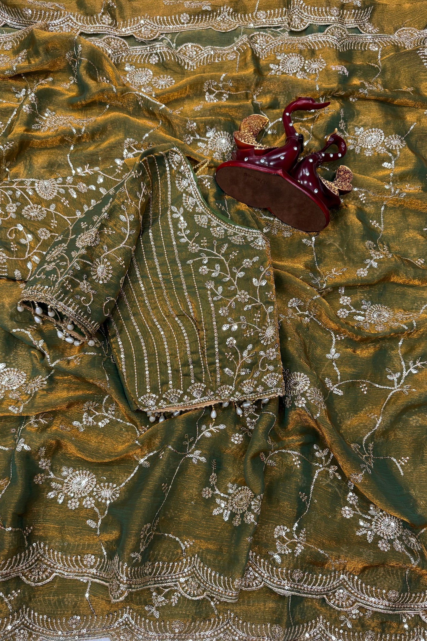 Olive Green Organza Saree Heavy Sequins Embroidery Designer Blouse
