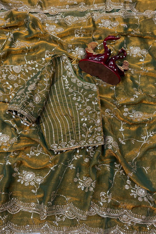 Olive Green Organza Saree Heavy Sequins Embroidery Designer Blouse