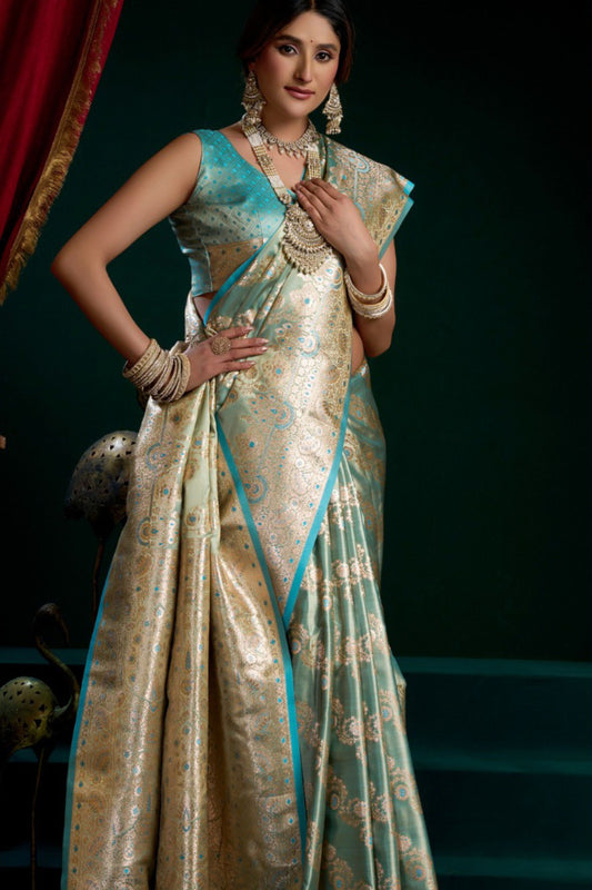 Sea Green Kanjivaram Silk Saree Gold Zari Traditional Wedding Saree