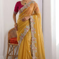  Mustard Yellow Tissue Silk Saree with Heavy Floral Embroidered Border 