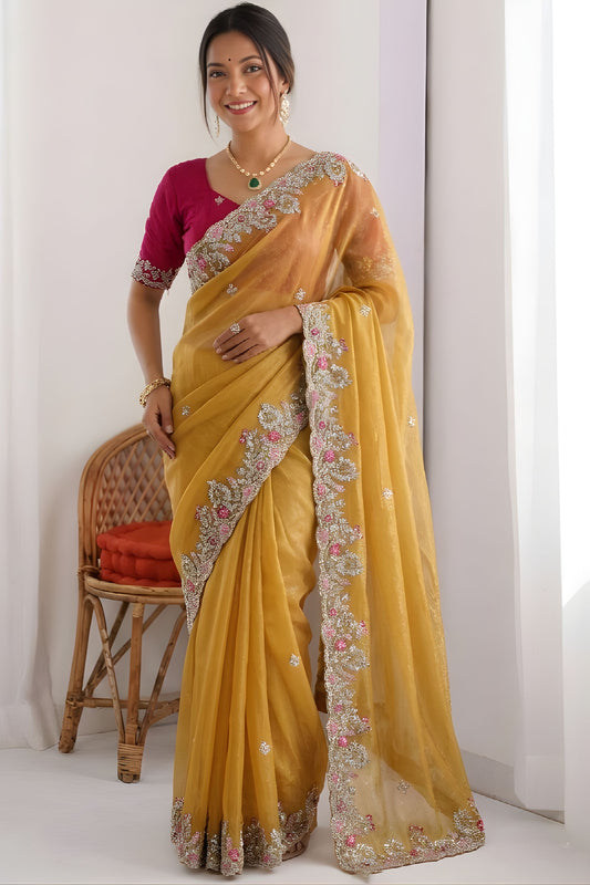  Mustard Yellow Tissue Silk Saree with Heavy Floral Embroidered Border 