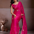 Rani Pink Embroidered Chiffon Saree with Zari Border Party Wear