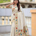 Off White Floral Woven Linen Silk Saree with Designer Peacock Border