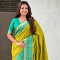 Mustard Yellow Saree Green Contrast Border Traditional Printed Design