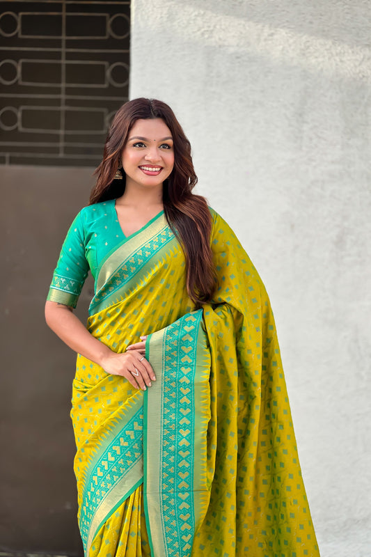 Mustard Yellow Saree Green Contrast Border Traditional Printed Design