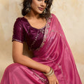 Hot Pink Silk Blend Saree with Golden Zari Embroidery Designer Blouse