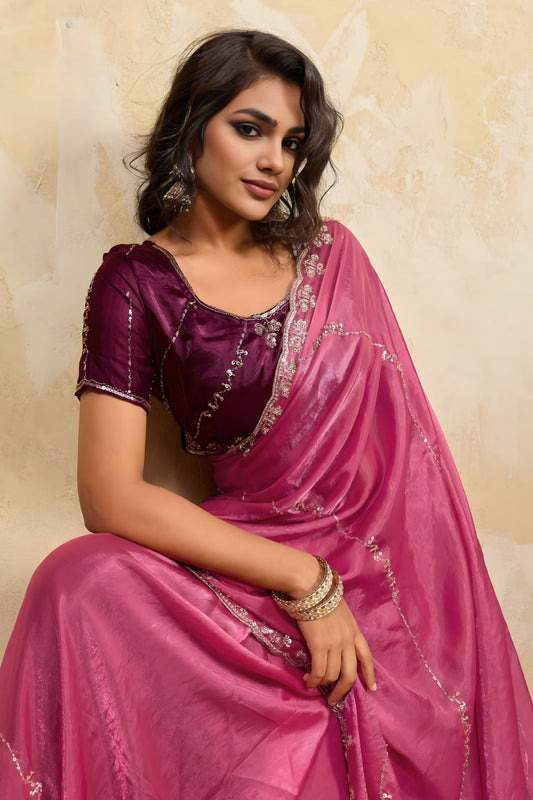 Hot Pink Silk Blend Saree with Golden Zari Embroidery Designer Blouse