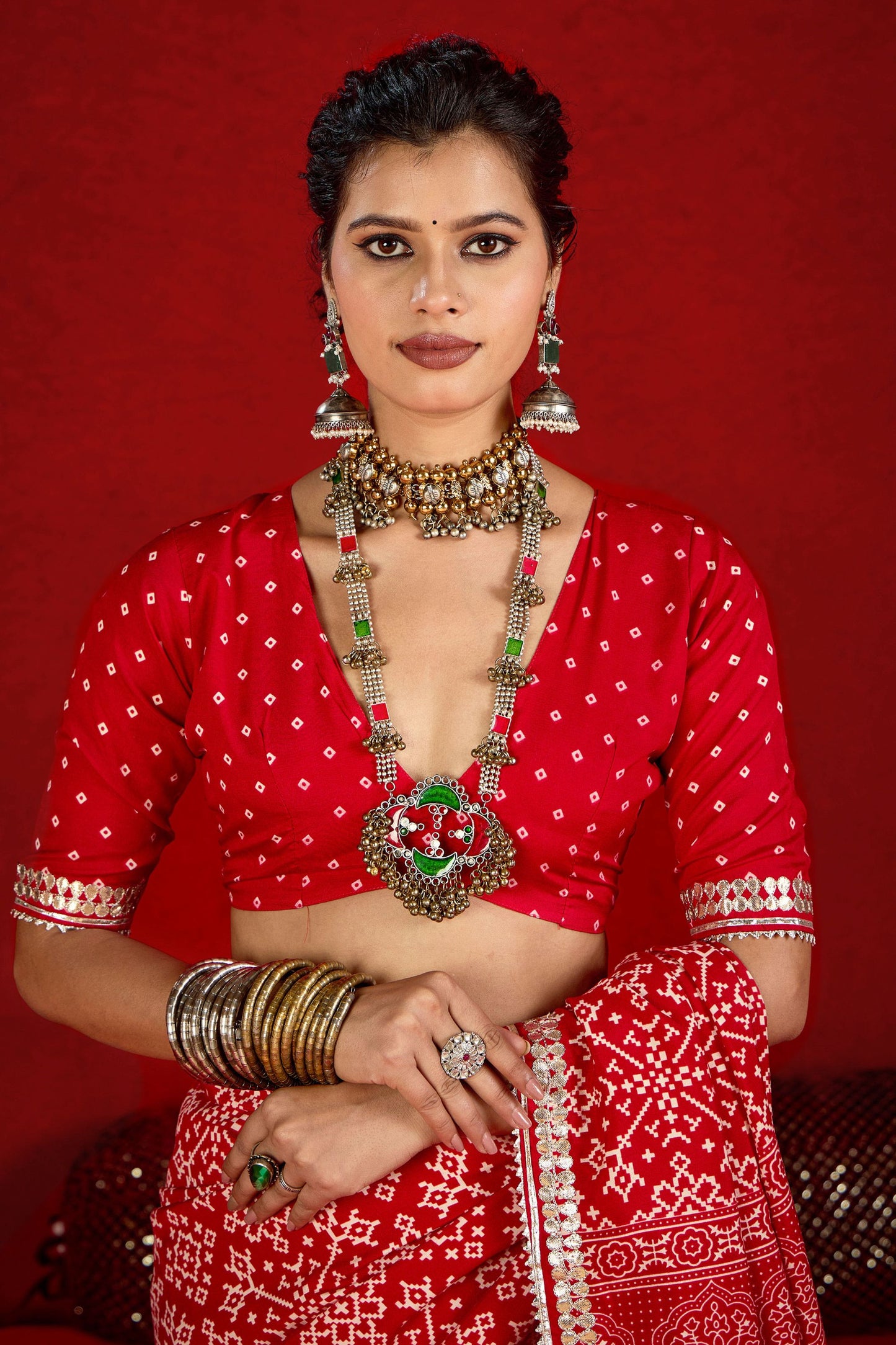 Red Bandhej Printed Georgette Saree Festive Wear