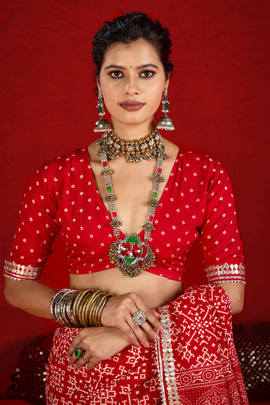 Red Bandhej Printed Georgette Saree Festive Wear