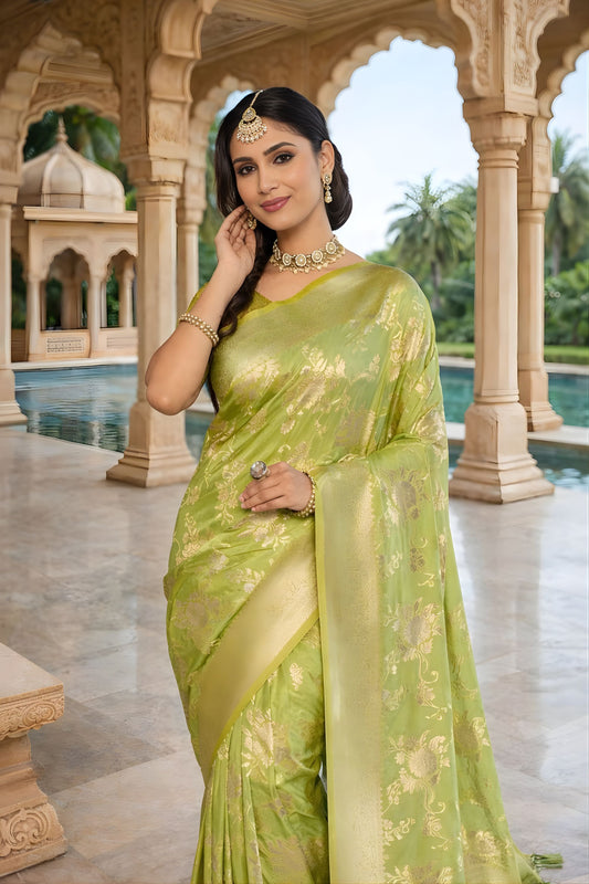 Green Silk Saree with Gold Zari Floral Weaving Traditional Wear Saree