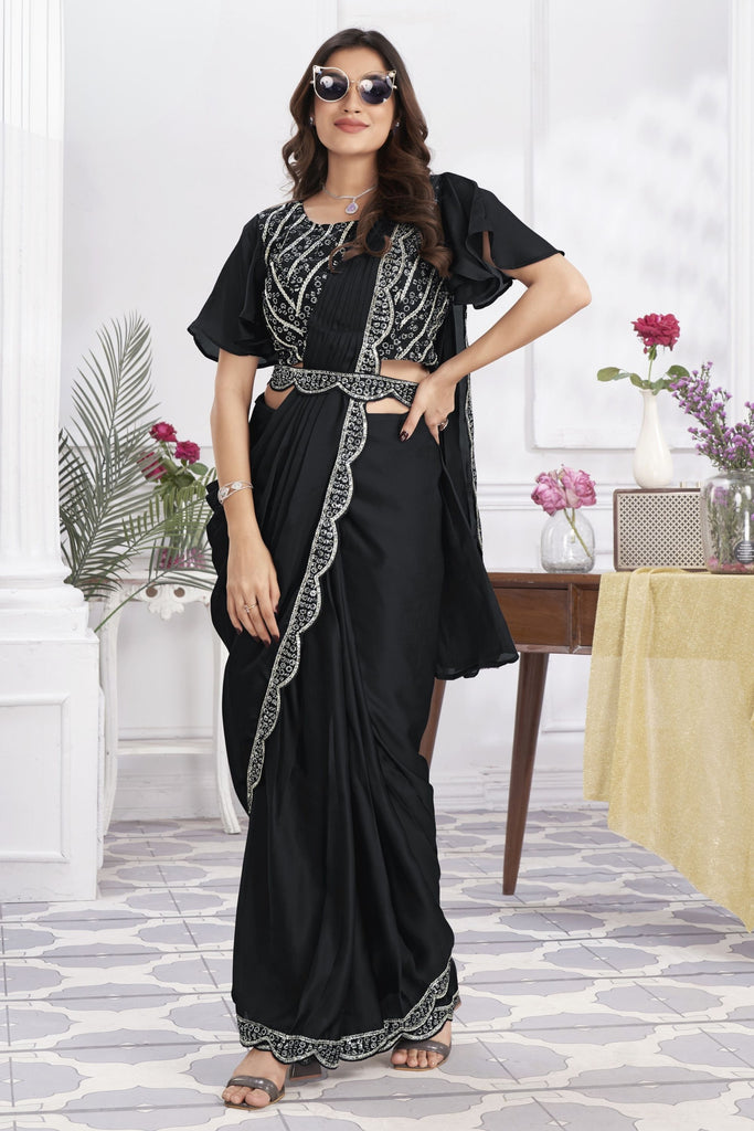 Black Designer Saree with Sequins Embroidered Blouse