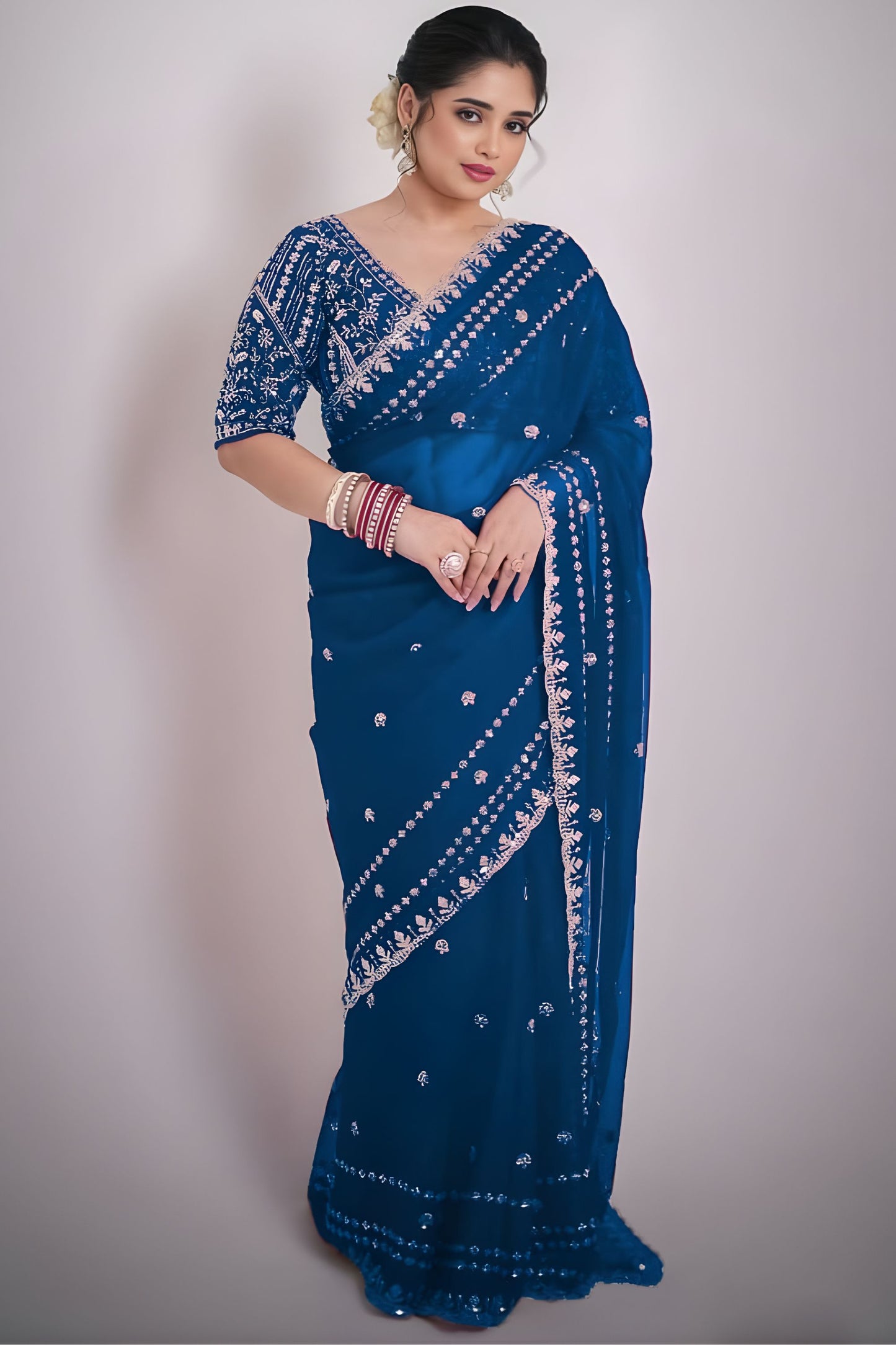 Blue Georgette Saree with Heavy Sequins Embroidery Blouse