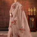 Designer Beige Embroidered Linen Saree Festive Wear
