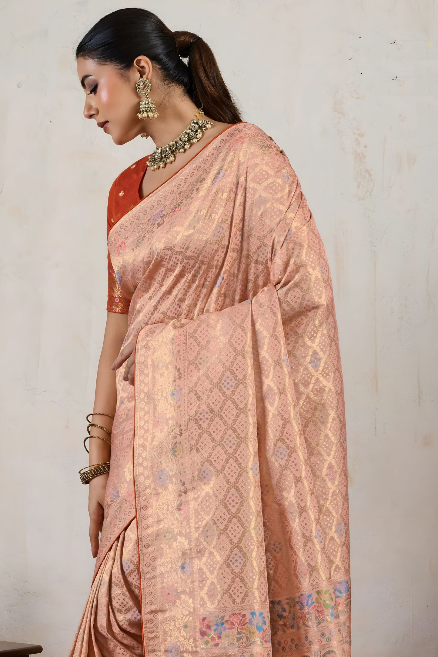 Peach Banarasi Silk Saree with Zari Weaving Rich Designer Pallu