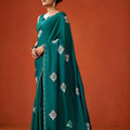 Teal Green Embroidered Georgette Saree Floral Motifs Designer Border