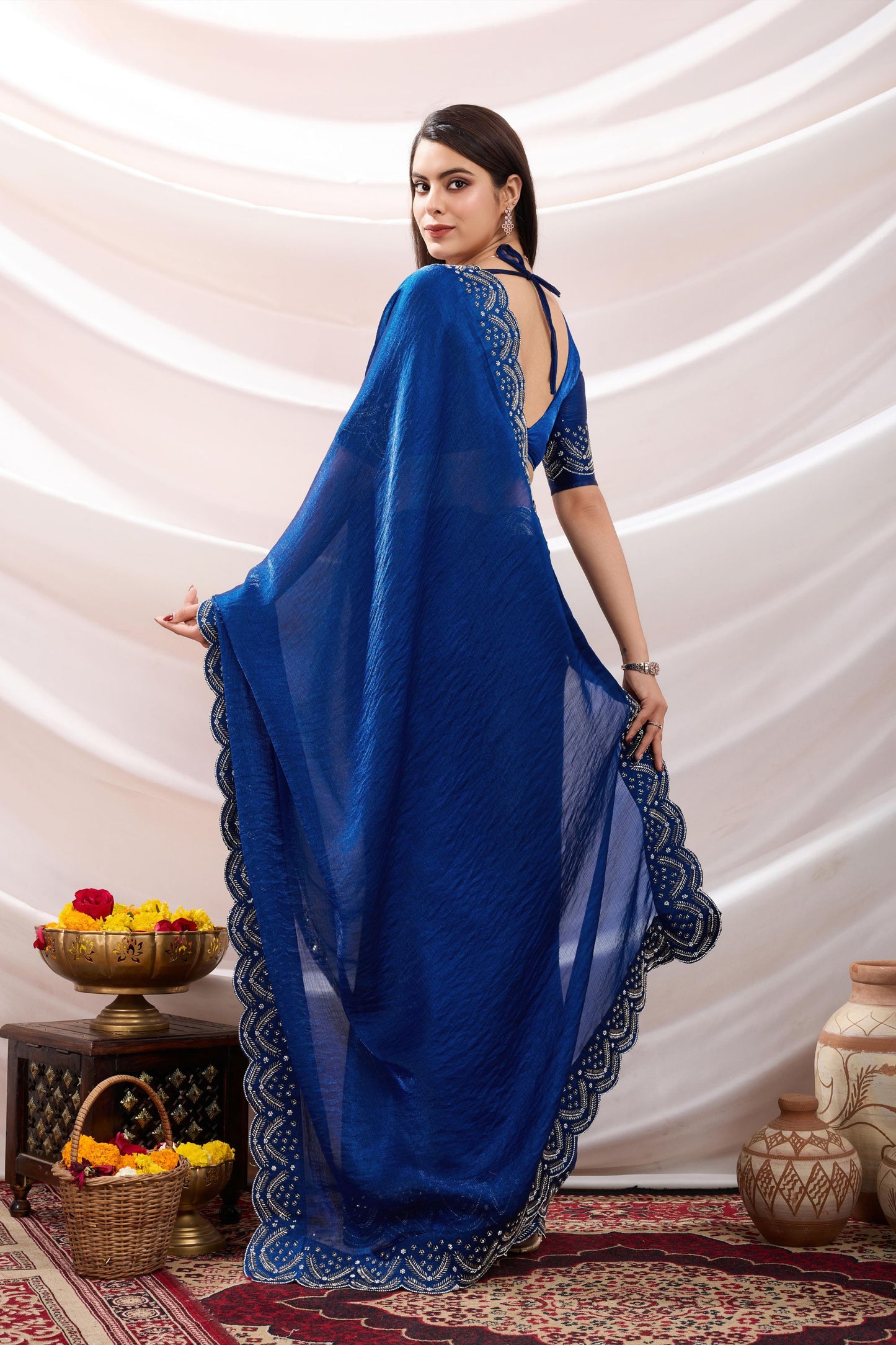Royal Blue Georgette Saree with Sequin Thread Embroidery Border