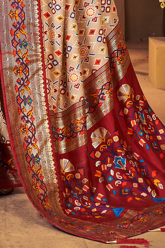 Elegant Cream and Maroon Patola Silk with Traditional Print Saree
