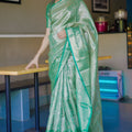 Mint Green Banarasi Silk Saree Floral Zari Weaving Woven Border 